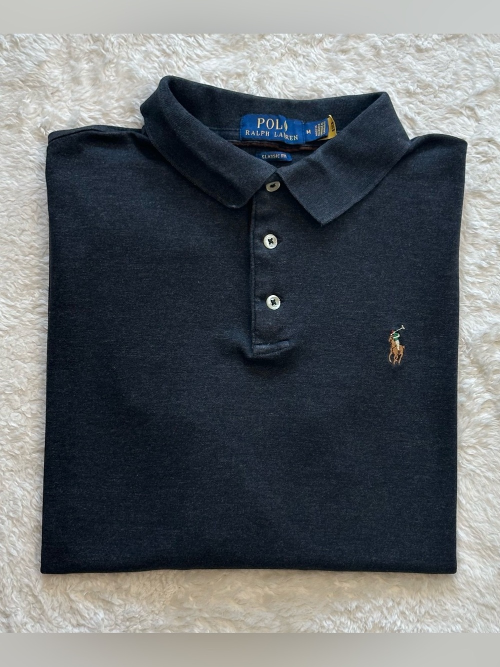Polo Ralph Lauren Long Sleeve Polo Shirt Charcoal Mens Medium Fits Small 21.5x25